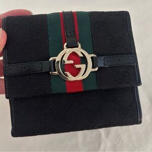 Gucci Black Canvas Wallet with Red and Green Accent
